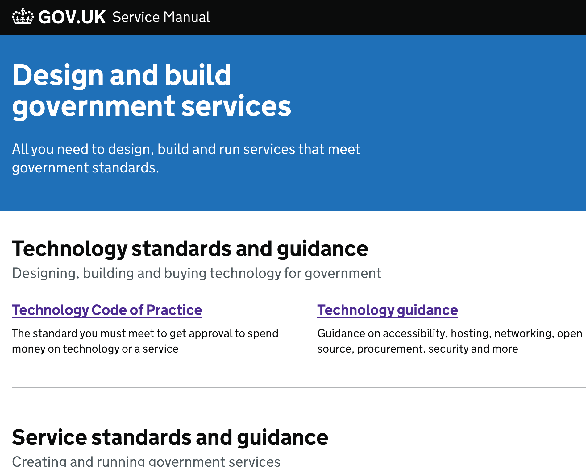 Webpage screenshot of Gov.Uk "Design and build government services"