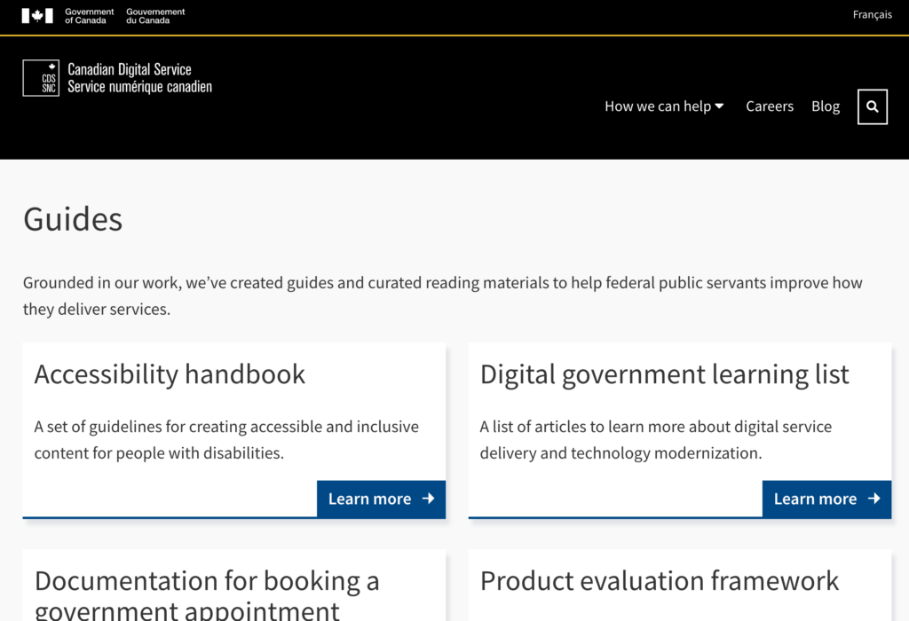 Guides webpage screenshot of Canadian Digital Service