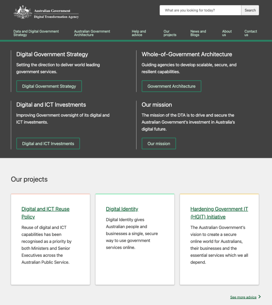 Homepage screenshot of Australia's Digital Transformation Agency