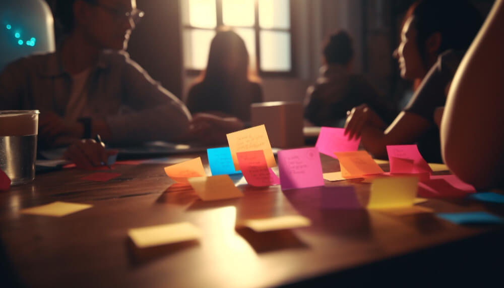 group of people sit at a table with many post-it notes strewn about