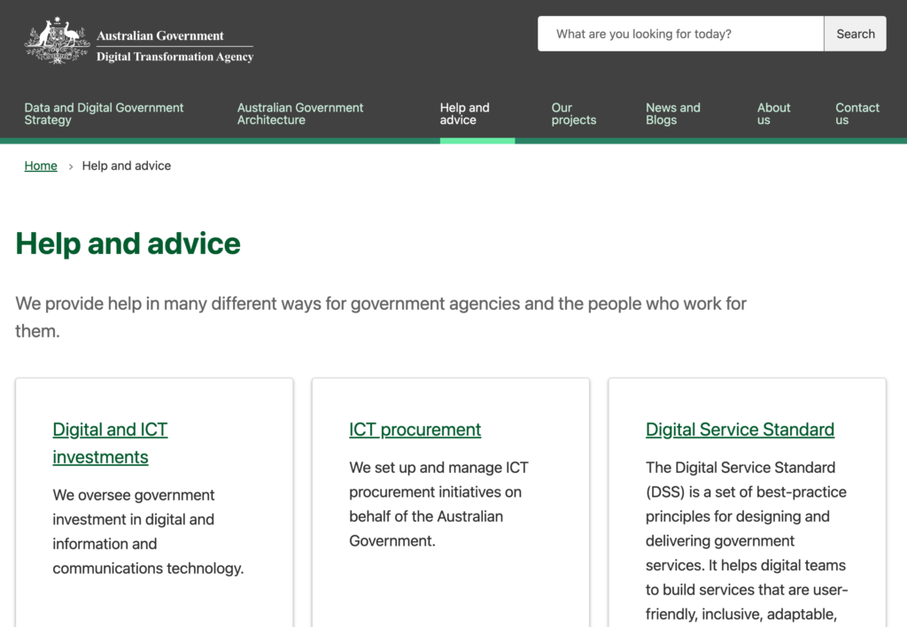 Help and advice screenshot of Australia's Digital Transformation Agency