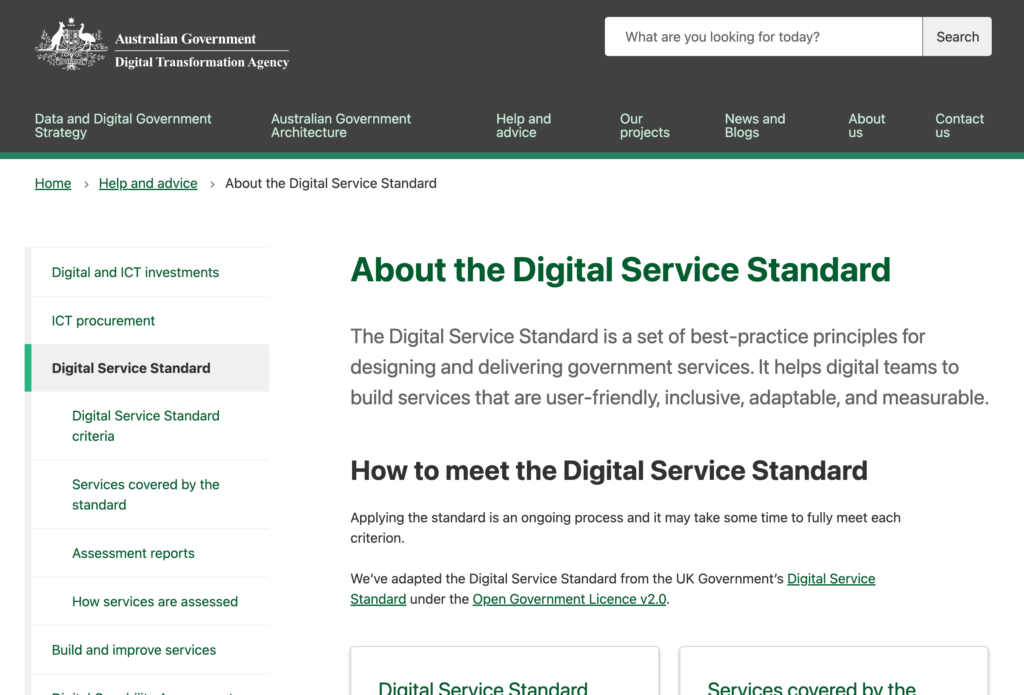Digital Service Standard screenshot of Australia's Digital Transformation Agency