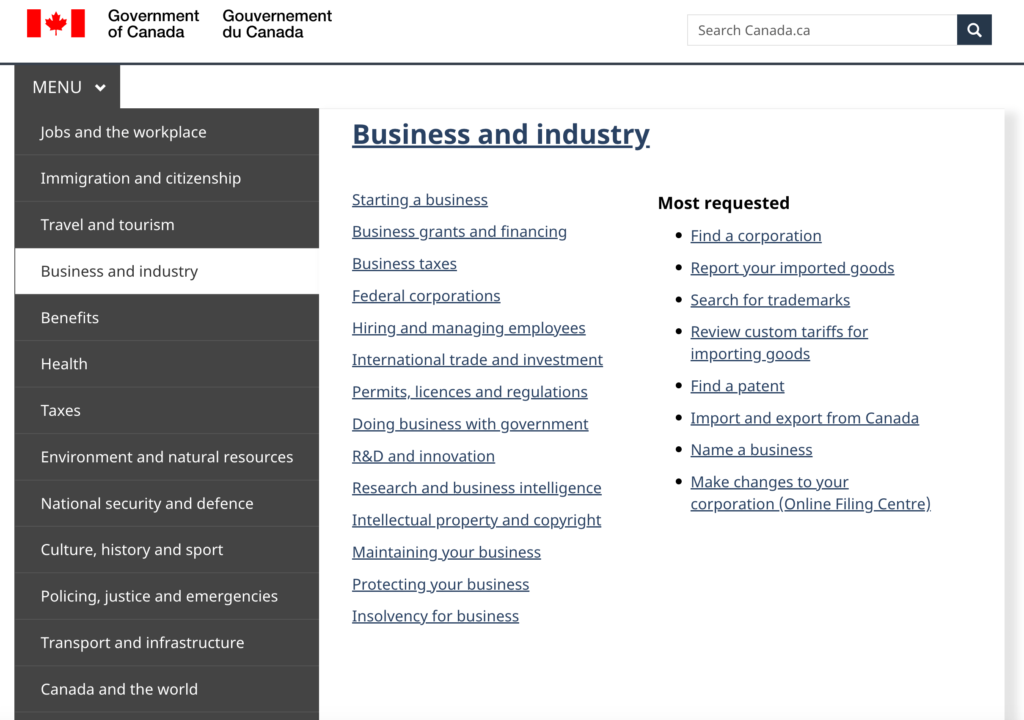 Mega menu screenshot of Government of Canada website