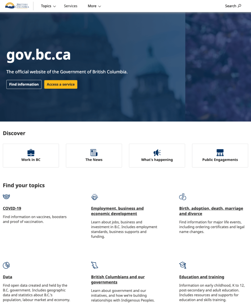 Homepage screenshot of Gov.Bc.Ca Alpha design