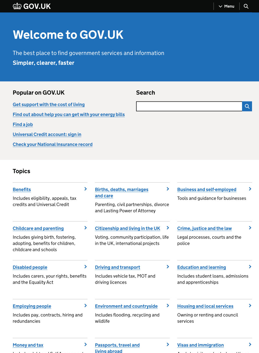 Homepage screenshot of Gov.UK