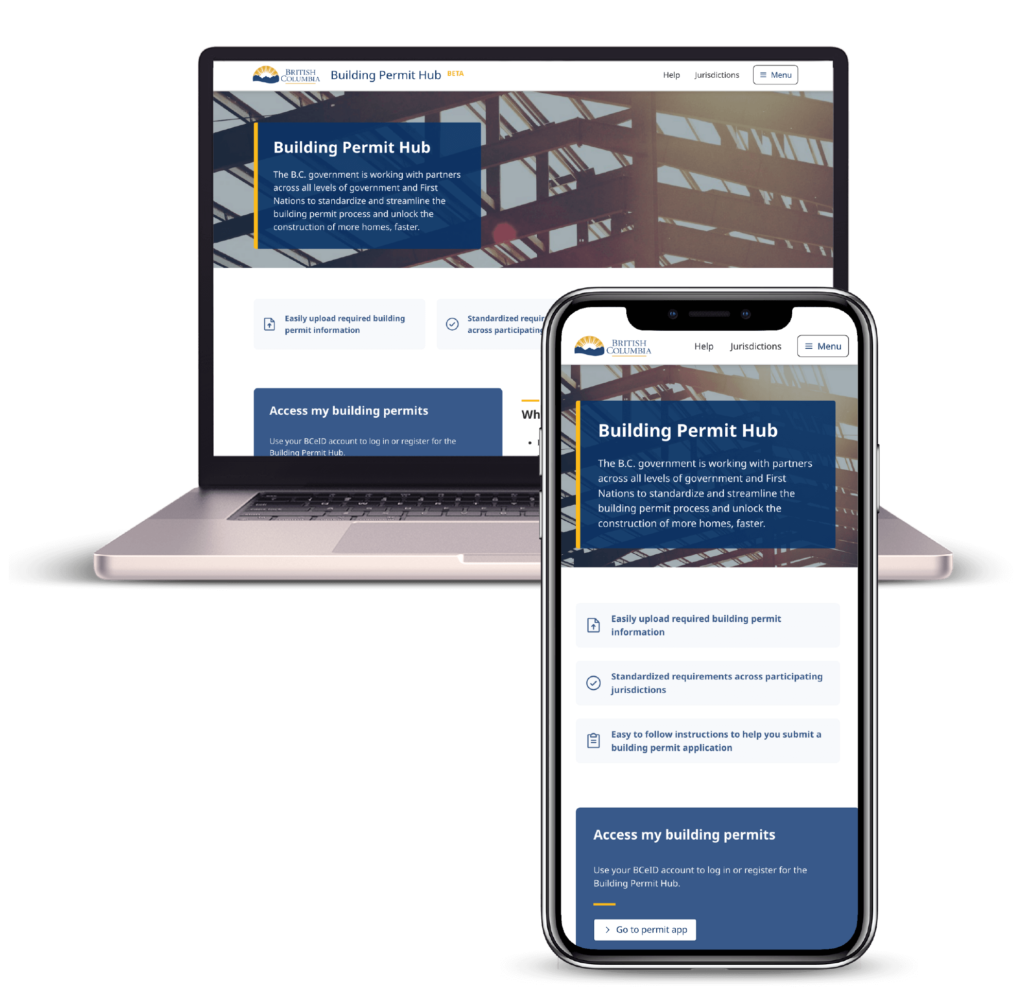 A laptop and a smartphone displaying the same website, "Building Permit Hub." The screen shows a section where users can access building permits and upload required documentation.