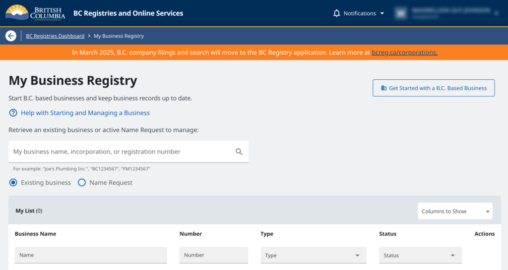 A screenshot shows the My Business Registry search interface.