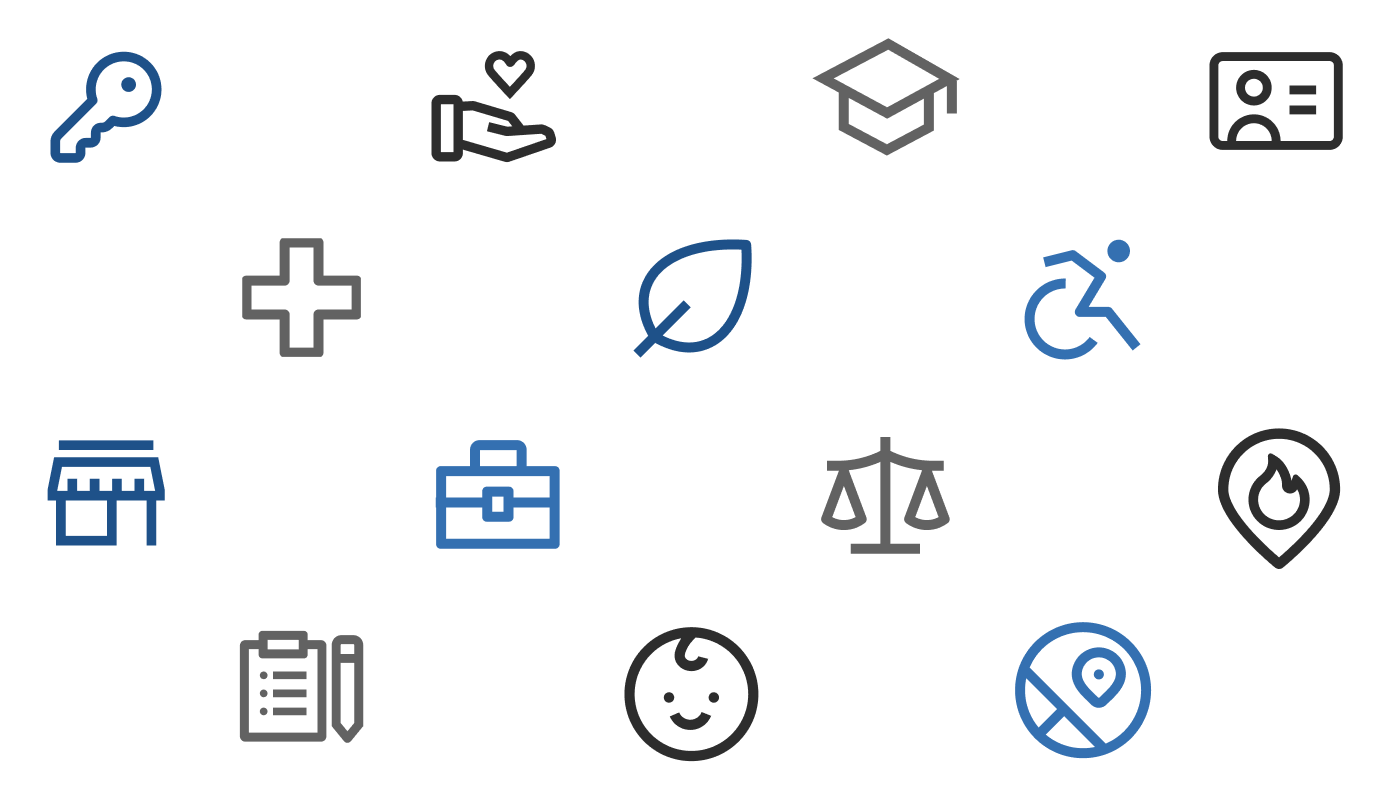 Grid of icons representing life and business events like buying a home, caregiving, returning to school, changing a name, seeking health care, handling end-of-life arrangements, living with a disability, starting a business, looking for a job, navigating a justice process, experiencing a natural disaster, needing business approvals, becoming a parent and moving or immigrating.
